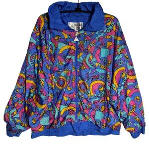 Vtg Casual Isle Petite Windbreaker Jacket Abstract Geometric print Zip Up 80s